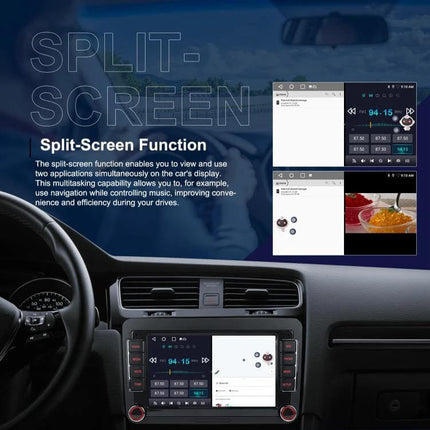 Volkswagen Android Car Navigation with 9-Inch Screen displaying split-screen music and navigation in-car