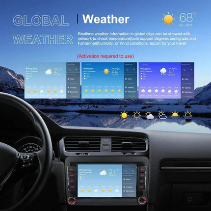 Volkswagen Android Car Navigation with 9-Inch Screen showing in-car weather app and smartphone mirroring on 9-inch touch display