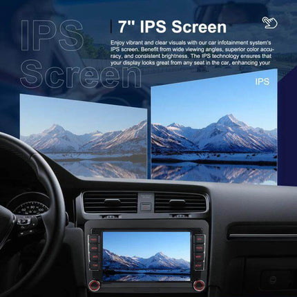 Volkswagen Android Car Navigation with 9-Inch Screen showing 7" IPS display in car dashboard, smartphone mirroring and navigation features visible