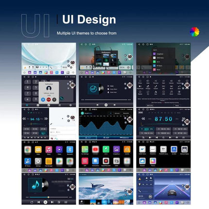 Volkswagen Android Car Navigation with 9-Inch Screen showing multiple UI themes and app icons on 9-inch display