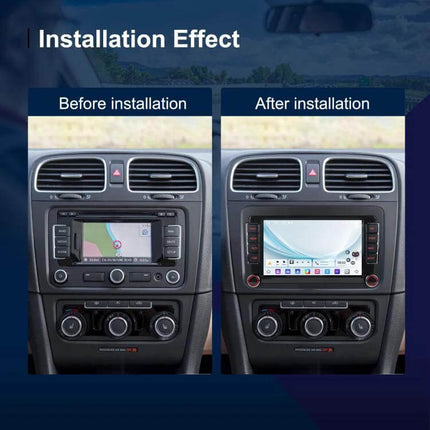 Volkswagen Android Car Navigation with 9-Inch Screen showing before and after installation in Volkswagen dashboard, Android 15 interface