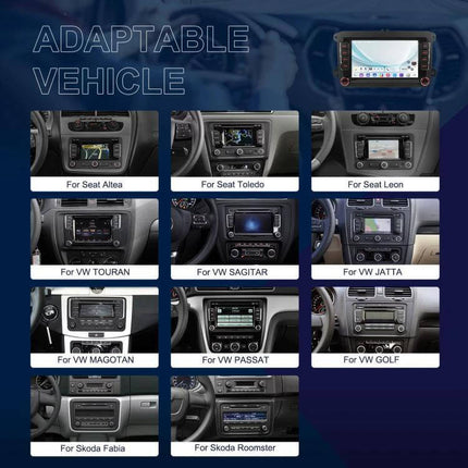 Volkswagen Android Car Navigation with 9-Inch Screen showing adaptable vehicle dash installations for multiple VW and Skoda models