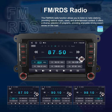 Volkswagen Android Car Navigation with 9-Inch Screen showing FM/RDS radio interface and touchscreen controls