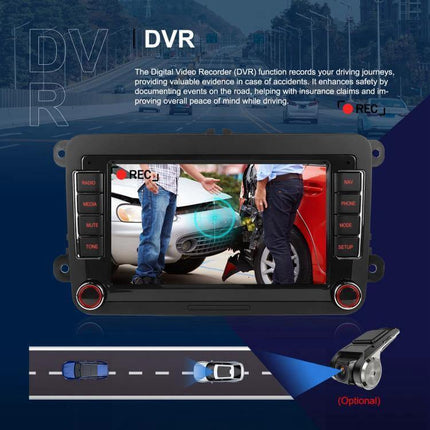 Volkswagen Android Car Navigation with 9-Inch Screen showing DVR dashcam recording collision scene and parking camera view