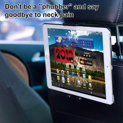 Car Headrest Phone and Tablet Holder 360 Degree Rotation showing tablet mounted on rear headrest for hands-free viewing and reduced neck pain