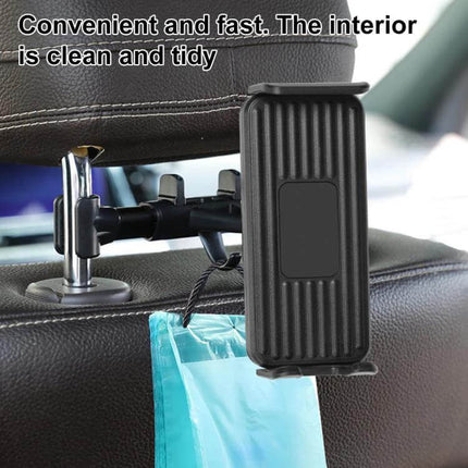 Car Headrest Phone and Tablet Holder 360 Degree Rotation mounted on headrest showing 360° swivel and device grip for back-seat hands-free viewing