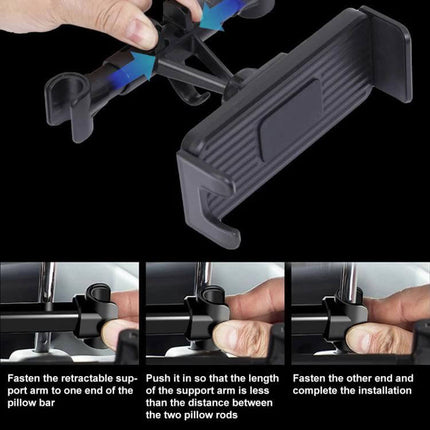 Car Headrest Phone and Tablet Holder 360 Degree Rotation showing adjustable clamp mounting to headrest posts for hands-free rear seat viewing