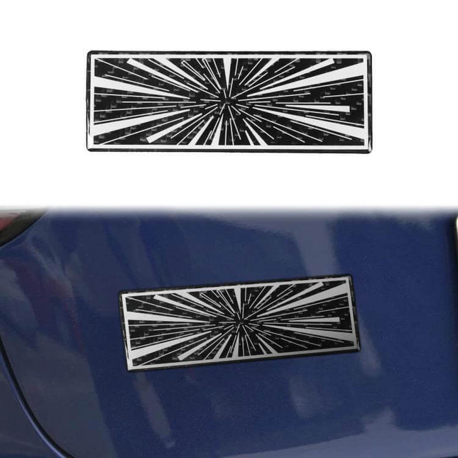 Carbon Fiber Decorative Sticker for Car Tail Design applied on blue car tail showing rectangular starburst carbon fiber decal