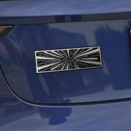 Carbon Fiber Decorative Sticker for Car Tail Design on blue car showing rectangular burst-pattern carbon fiber decal for easy tail customization