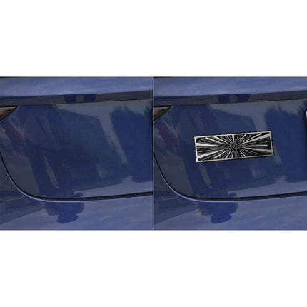 Carbon Fiber Decorative Sticker for Car Tail Design on blue car trunk showing rectangular carbon fiber tail emblem