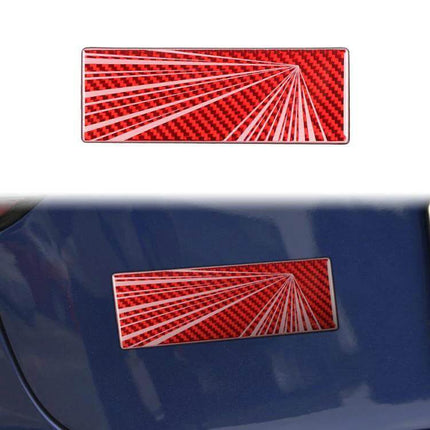Carbon Fiber Decorative Sticker for Car Tail Design - red carbon fiber rectangular tail decal with radiating silver lines applied to blue car trunk