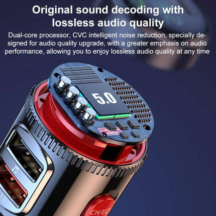 Car FM Transmitter With Fast Charging For In Car Music And Calls showing Bluetooth 5.0 chipset, CNC display and dual USB ports