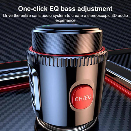 Car FM Transmitter With Fast Charging For In Car Music And Calls - close-up of CNC display knob with CH/EQ bass adjustment and PD fast charging