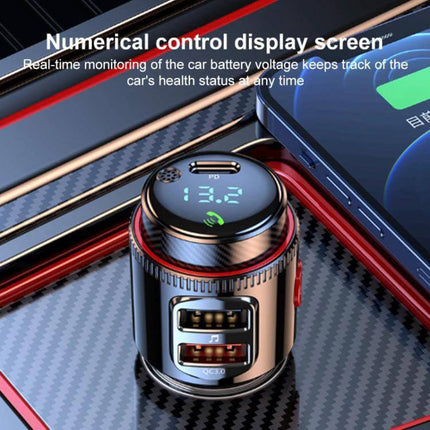 Car FM Transmitter With Fast Charging For In Car Music And Calls showing CNC display, dual USB ports, PD 30W charging and Bluetooth 5.3 in car setup