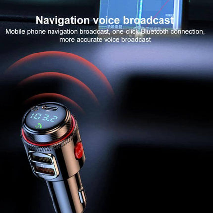 Car FM Transmitter With Fast Charging For In Car Music And Calls showing Bluetooth display, dual USB PD 30W ports and navigation voice broadcast