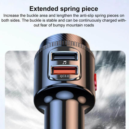 Car FM Transmitter With Fast Charging For In Car Music And Calls showing CNC display, dual USB ports (PD 30W and QC3.0) and extended spring piece
