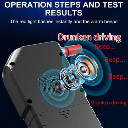 Compact Digital Alcohol Breath Tester for Personal Safety portable ABS device showing alarm speaker and operation steps