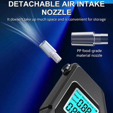 Compact Digital Alcohol Breath Tester for Personal Safety showing detachable air intake nozzle and digital display for portable sobriety checks