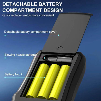 Compact Digital Alcohol Breath Tester for Personal Safety showing detachable battery compartment with three yellow batteries and blowing nozzle storage