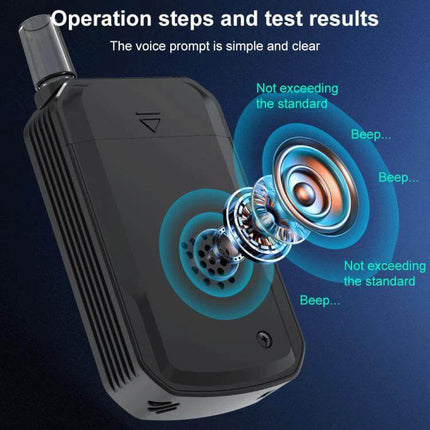 Portable Breath Alcohol Tester for Everyday Personal Use showing compact black device with mouthpiece and speaker diagram illustrating voice prompts and test results