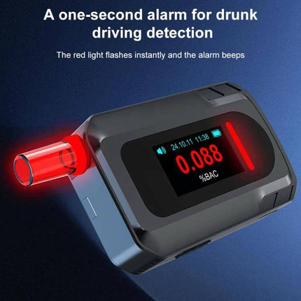 Portable Breath Alcohol Tester for Everyday Personal Use - compact handheld breathalyzer showing 0.088% BAC with one-second alarm and red warning light