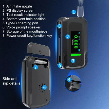Portable Breath Alcohol Tester for Everyday Personal Use - compact handheld BAC monitor with IPS display, Type-C charging, mouthpiece storage, and voice prompts