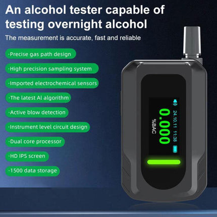 Portable Breath Alcohol Tester for Everyday Personal Use - compact handheld device with digital display showing 0.000% BAC and mouthpiece