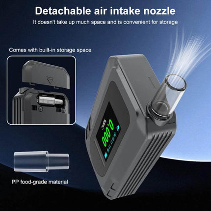 Portable Breath Alcohol Tester for Everyday Personal Use showing compact grey device with detachable air intake nozzle and digital display