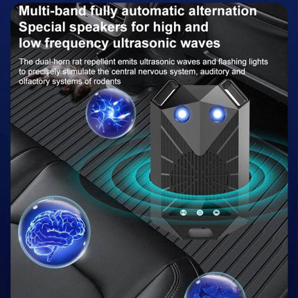 Intelligent Car Ultrasonic Mouse Repeller For Deterring Mice In Cars compact ABS device with flashing indicator mounted under car seat emitting 18–36 kHz ultrasonic waves