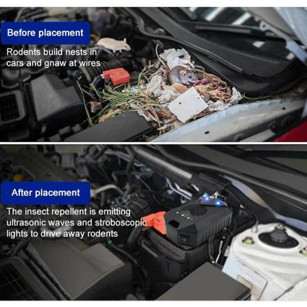 Intelligent Car Ultrasonic Mouse Repeller For Deterring Mice In Cars shown under hood deterring rodents with ultrasonic waves and strobe lights