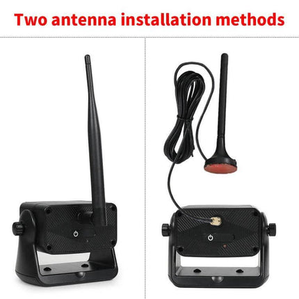 Magnetic Solar Wireless Car Rear View Reversing Camera for Safe Driving showing two antenna installation methods with magnetic mount and wired antenna option