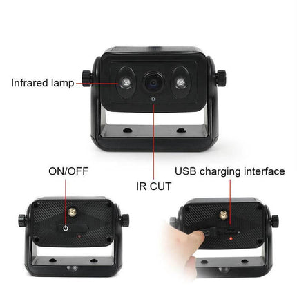 Magnetic Solar Wireless Car Rear View Reversing Camera for Safe Driving - magnetic mount, IR lamp, USB charging, ON/OFF and IR CUT labeled
