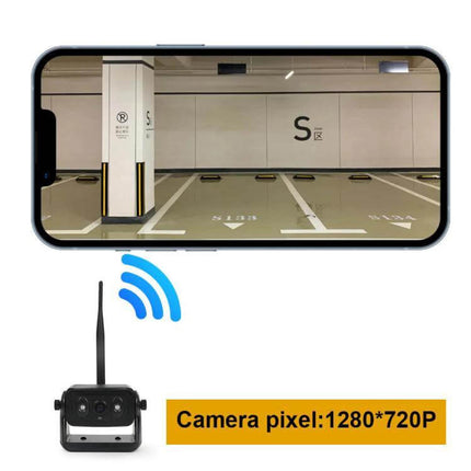 Magnetic Solar Wireless Car Rear View Reversing Camera for Safe Driving showing smartphone live wireless 2.4G WiFi feed and magnetic-mounted camera (1280x720P)