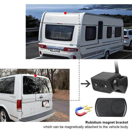 Magnetic Solar Wireless Car Rear View Reversing Camera for Safe Driving mounted on caravan/trailer with magnetic bracket and smartphone wireless display