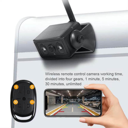 Magnetic Solar Wireless Car Rear View Reversing Camera for Safe Driving mounted on trailer with smartphone display and remote control