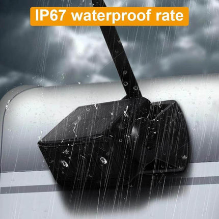 Magnetic Solar Wireless Car Rear View Reversing Camera for Safe Driving showing IP67 waterproof magnetic mount in heavy rain