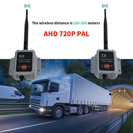 Wireless Transmitter Receiver for Truck Camera Systems compact TX RX units showing 200-300m wireless 720P/1080P video for trucks