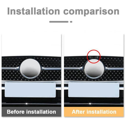 Car Front View Camera for Toyota Lingfang 2020-2023 installed on front grille showing before and after installation comparison