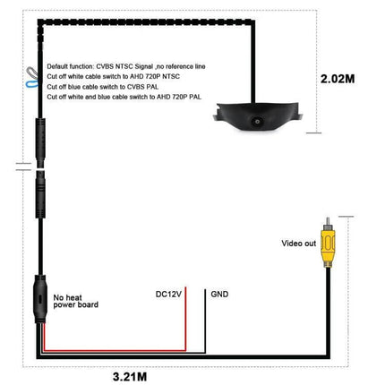 Car Front View Camera for Toyota Lingfang 2020-2023 front bumper camera wiring diagram showing 2.02m camera, 3.21m cable, DC12V and video out
