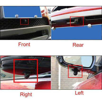 Side View Blind Spot Camera for Safer Vehicle Visibility Monitoring installed front rear right left views showing mounting locations and 1280x720P clarity