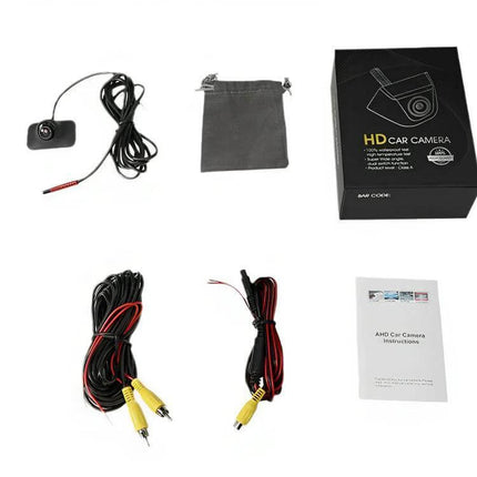 Side View Blind Spot Camera for Safer Vehicle Visibility Monitoring - compact PC2052 camera kit with cables, pouch, box and instruction manual