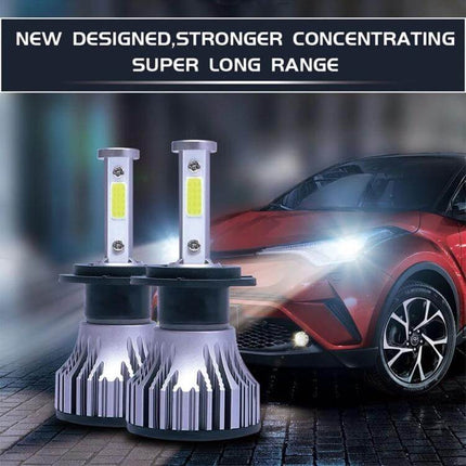 Car LED Headlight And Fog Light For Everyday Driving IP68, compact 6063 aluminum bulbs shown with car headlights on
