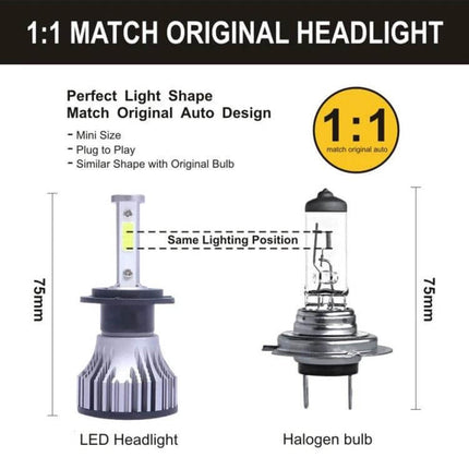 Car LED Headlight And Fog Light For Everyday Driving IP68 - comparison of 75mm LED headlight vs halogen bulb showing same lighting position