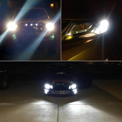 Car LED Headlight And Fog Light For Everyday Driving IP68 showing bright white headlights and fog lights on multiple vehicles at night