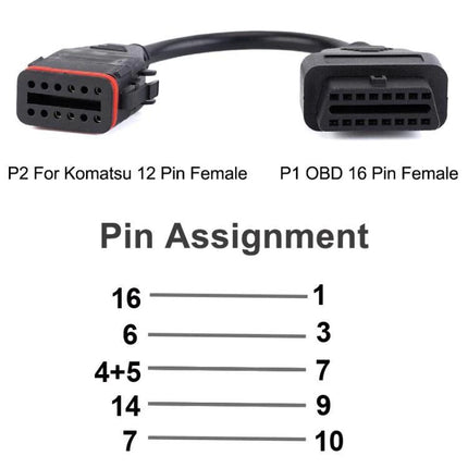 Diagnostic Cable for Everyday Truck Maintenance Tasks - OBD P2 Komatsu 12-pin to P1 OBD 16-pin adapter with pin assignment for Cummins/Komatsu checks