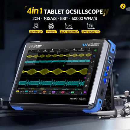 Fnirsi 7-Inch Portable Oscilloscope Tablet for Electronics Analysis showing touchscreen waveforms and probes in lab setting