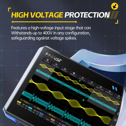 Fnirsi 7-Inch Portable Oscilloscope Tablet for Electronics Analysis showing high-voltage protection and waveform display