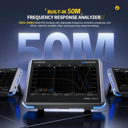 Fnirsi 7-Inch Portable Oscilloscope Tablet for Electronics Analysis showing frequency response analyzer screen and 50M branding