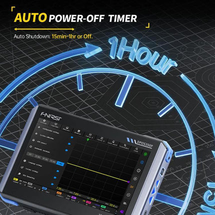 Fnirsi 7-Inch Portable Oscilloscope Tablet for Electronics Analysis showing auto power-off timer and touchscreen waveform display