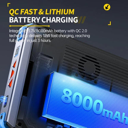 Fnirsi 7-Inch Portable Oscilloscope Tablet for Electronics Analysis showing 8000mAh battery and QC fast charging feature